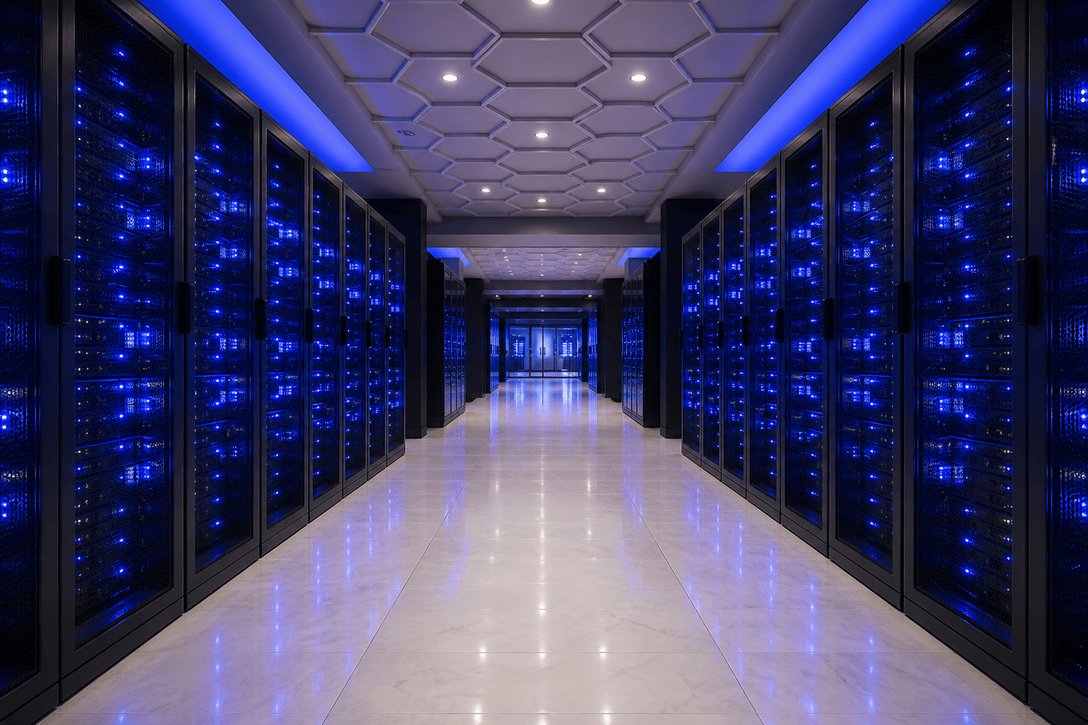 Enterprise data hall with indigo lighting and a hexagonal ceiling