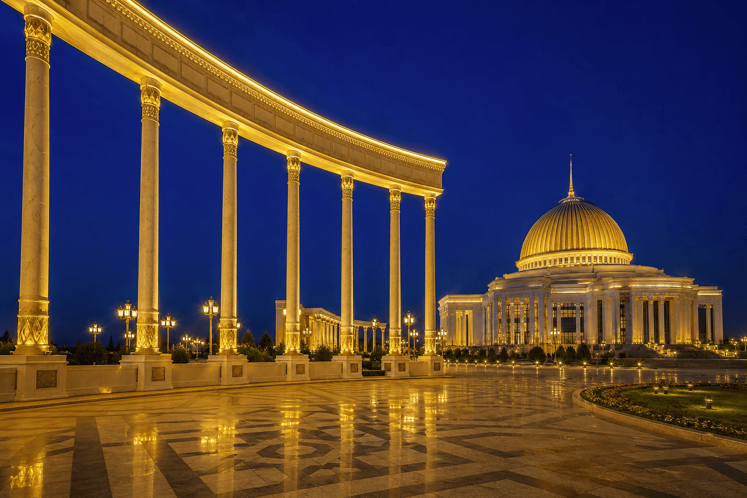 Ashgabat civic architecture at dusk, white marble and gold light