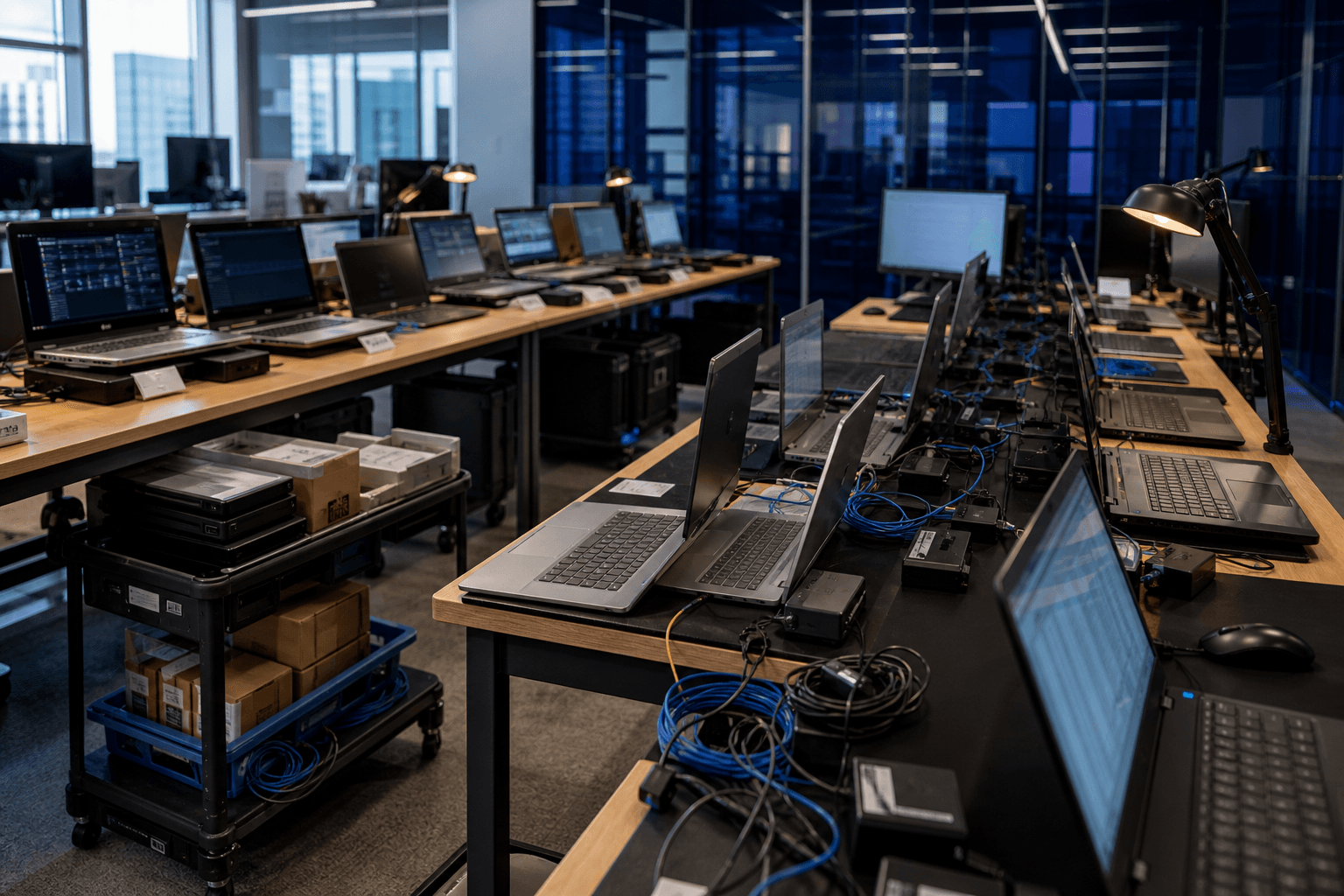 IT staging benches packed with open business laptops, docks, and monitors