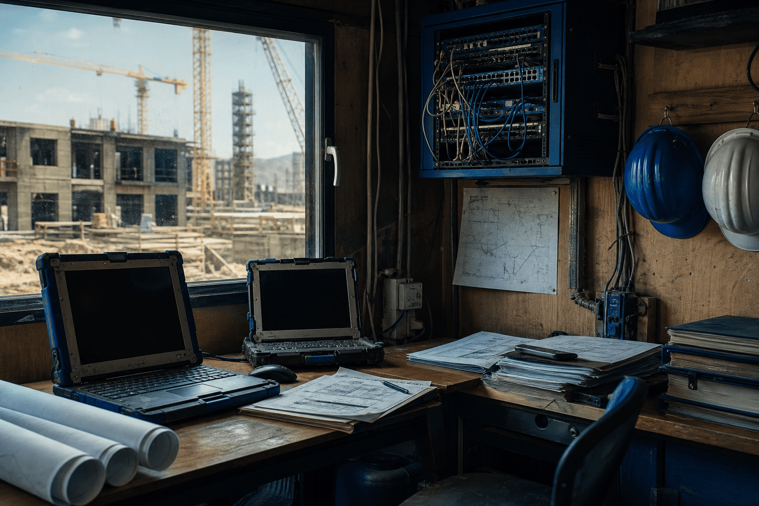 Project cabin on a construction site with rugged computers and a network cabinet