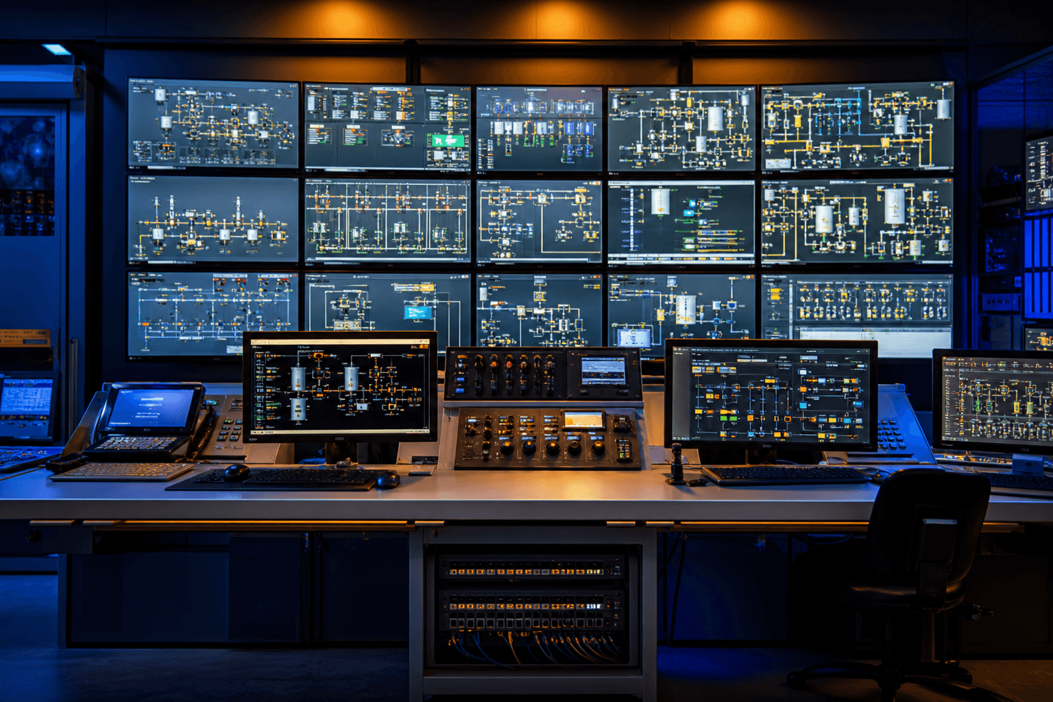Industrial control room with plant-monitoring screens and console computers