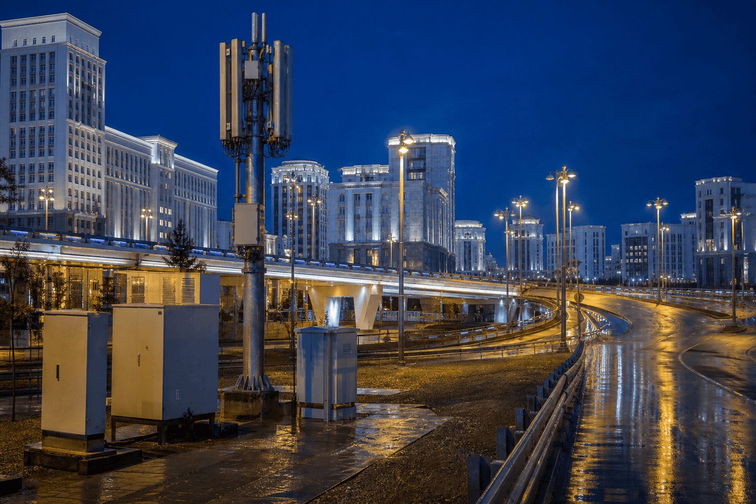City infrastructure at dusk with roadside network cabinets