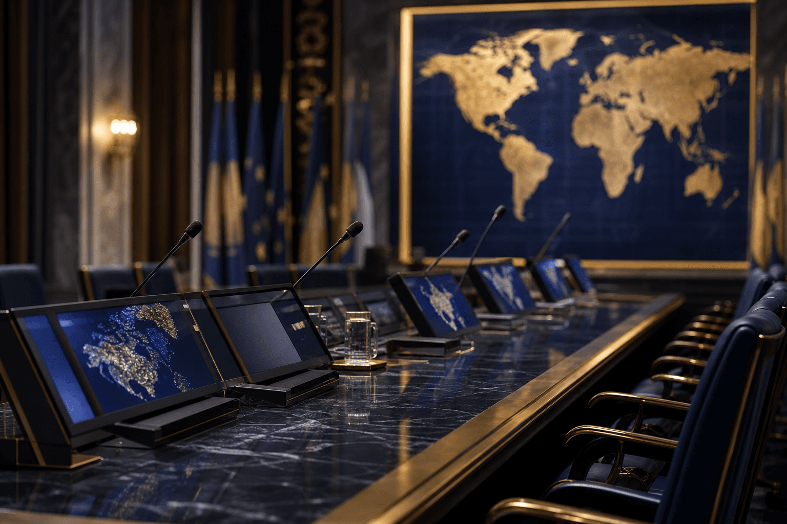 Diplomatic briefing room with conference systems and a video wall